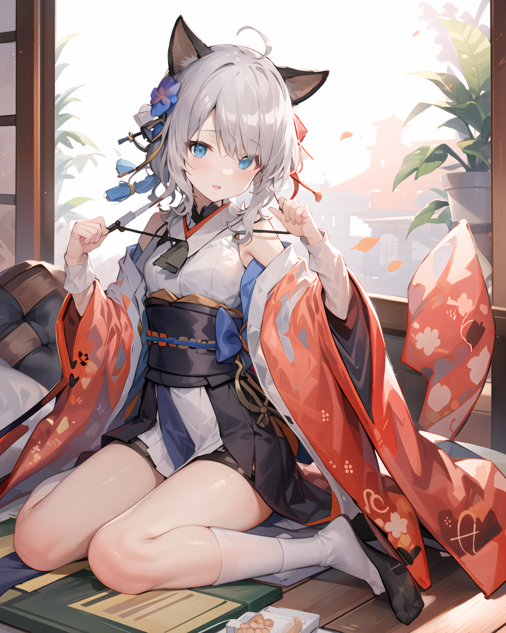 Anime girl with cat ears sitting on a bed with a cat tail - SeaArt AI
