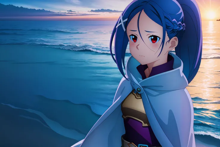 (((masterpiece))), (((best quality))), ultra-detaile, (backlighting), realistic, sharp focus, raytracing, cinematic lighting, 1girl, high-quality background,dynamic pose,wind,extremely detailed CG unity 8k wallpaper,floating hair,
(((wallpaper))),
1girl, beach, blue sky, blue theme, boat, cloud, cloudy sky, fisheye, horizon, mountain, ocean, outdoors, scenery, seagull, shore, sky, solo, standing on liquid, star \(sky\), sunset, walking on liquid, water, waves,
short_dress,black_shorts,, miniskirt , brown breastplate, blush, belt, purple dress, arm guard, long sleeve,cape,
hair between eyes, very long hair, high pony tail, x hair ornament, ,red eyes:1.2,hair ornament, blue hair, braid,
<lora:mito21:0.8>