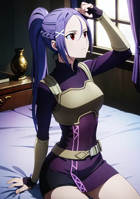 masterpiece, best quality, ultra-detailed,red eyes, thigh, sitting, on bed, long hair, above view, room,
  long pony tail, up pony tail,short_dress,purple_skirt, breastplate, 
  <lora:mito10-000007:0.8>