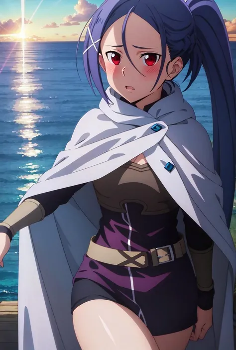 (((best quality))),(((masterpiece))) ultra-detaile, (backlighting), blush, sunset,, looking at viewer, (sexy), ((thigh)), dawn,sitting,
realistic, sharp focus, raytracing, cinematic lighting, (wind), perfect composition, cowboy shot 1girl,
water, ocean, horizon, sky, cloud,
short_dress,black_shorts,, miniskirt , brown breastplate, blush, belt, purple dress, arm guard, long sleeve,cape,
medium breast,hair ornament, high pony tail,long hair, (red eyes),(blue hair),bangs,, x hair ornament, hair between eyes,
<lora:mito21-000008_0.5+mito19_0.3 :0.8>
