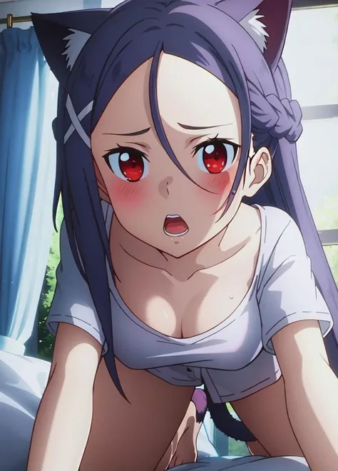 (((masterpiece))), (((best quality))), ultra-detaile, ,on bed, ((sexy)), ((thigh)), cinematic lighting, blush,looking at viewer,collarbone, short sleeve,
all fours, wet,
bottomless, white shirts, (large shirts), ((cat ears)),cat tail,
hair between eyes, very long hair, high pony tail, x hair ornament, ,red eyes:1.2,hair ornament, ,braid, <lora:mito21-000008_0.5+mito19_0.3 :0.7>