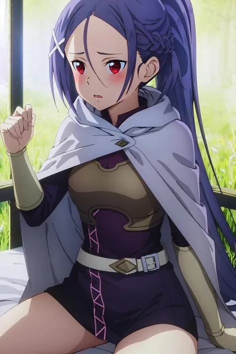 (((masterpiece))), (((best quality))), ultra-detaile, sitting, spread legs, thigh, ((backlighting)),on bed, ((sexy)), ((thigh)), cinematic lighting,
short_dress,black_shorts,, miniskirt , brown breastplate, blush, belt, purple dress, arm guard, long sleeve,cape,
hair between eyes, very long hair, high pony tail, x hair ornament, ,red eyes:1.2,hair ornament, ,braid, <lora:mito21-000008_0.5+mito19_0.3 :0.9>