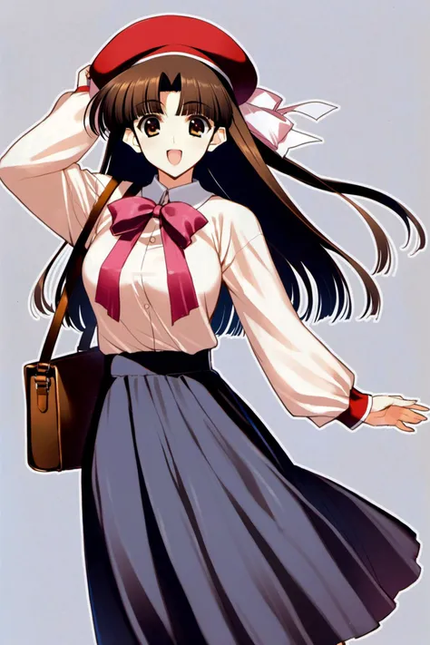 Takeshi Nakamura style,Mikage Subaru,1girl,solo,red hat,brown hair,long hair,hime cut,bangs,brown eyes,bow,long skirt,long sleeves,dress,beret,open mouth,bag,ribbon,pink bow,smile,<lora:Leaf_XL:0.9>,