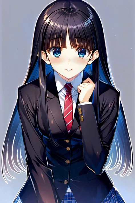 Takeshi Nakamura style,Touma Kazusa,1girl,solo,skirt,long hair,hime cut,bangs,school uniform,blue eyes,necktie,smile,blazer,plaid skirt,blue hair,plaid,jacket,pleated skirt,black hair,blush,<lora:Leaf_XL:0.8>,