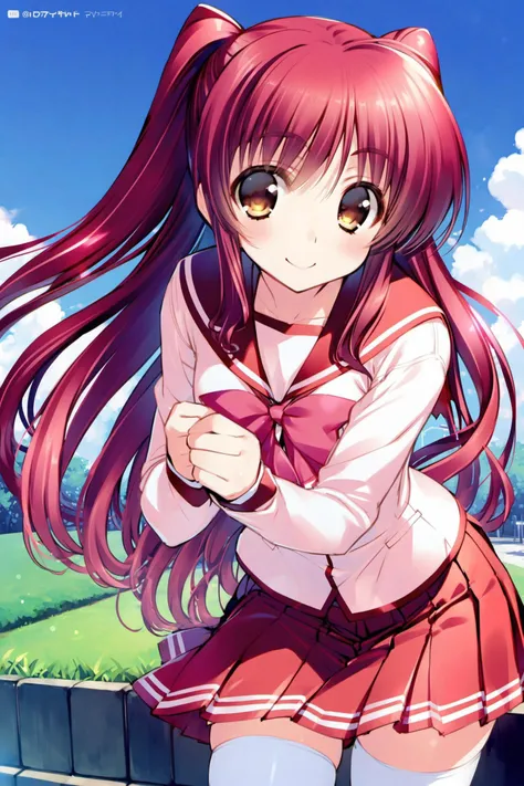 Amaduyu Tatsuki style,kousaka tamaki,1girl,solo,red hair,thighhighs,school uniform,long hair,skirt,brown eyes,pleated skirt,serafuku,zettai ryouiki,smile,long sleeves,sky,day,cloud,white thighhighs,outdoors,looking at viewer,blush,red skirt,<lora:Leaf_XL:0.8>,