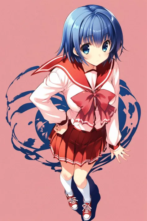 Yuma Tonami,1girl,solo,skirt,full body,simple background,blue hair,school uniform,shoes,pleated skirt,long sleeves,looking at viewer,hand on hip,sneakers,socks,short hair,kneehighs,white background,bangs,standing,blue eyes,serafuku,bow,red skirt,white socks,medium breasts,breasts,<lora:Leaf_XL:0.8>,