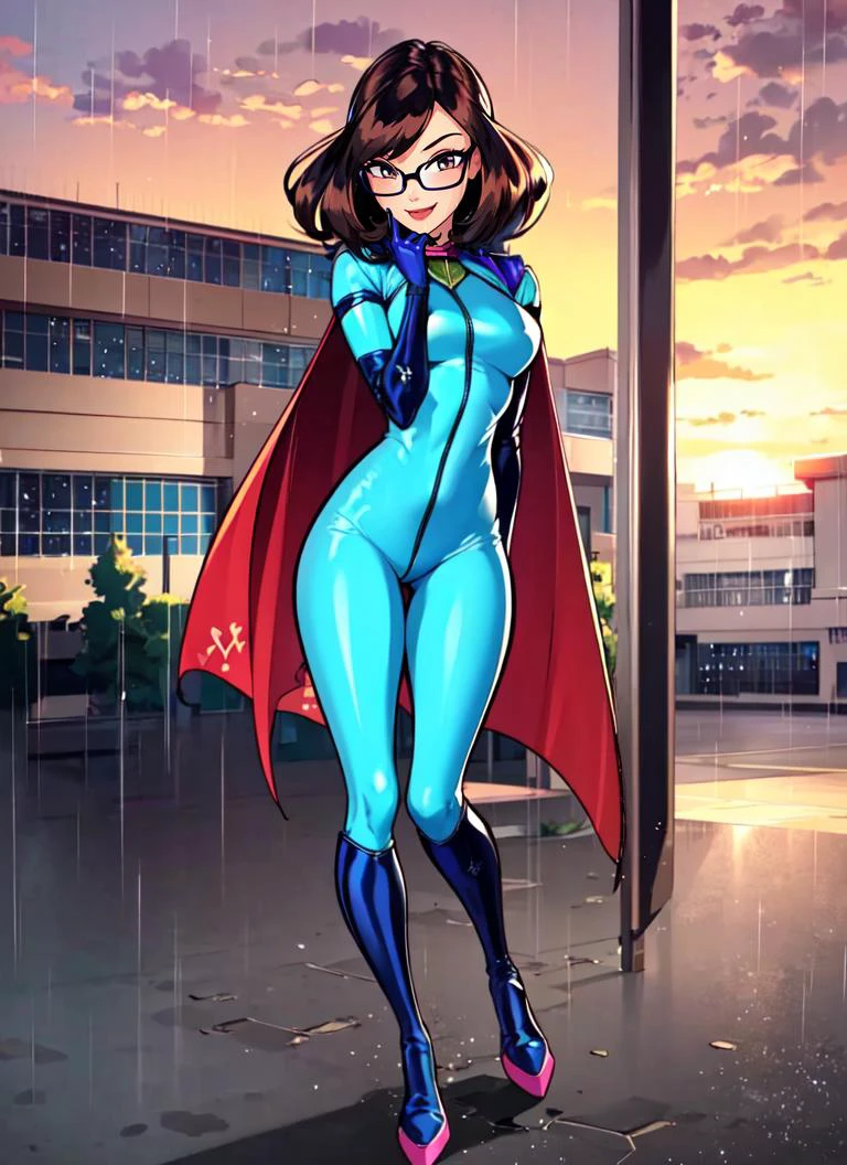 ((best quality)), ((highly detailed)), masterpiece, extremely detailed face, beautiful face, , <lora:more_details:.2>, (1girl), (glasses), dynamic pose, full body, superhero, spandex bodysuit, skin tight clothes, long cape, gloves, knee boots, (flying), smile, (outside, <lora:school_outdoors_v0.2:1>, at a school, building, gate, fence, sunset, raining), <lora:Winx_Club:.7>