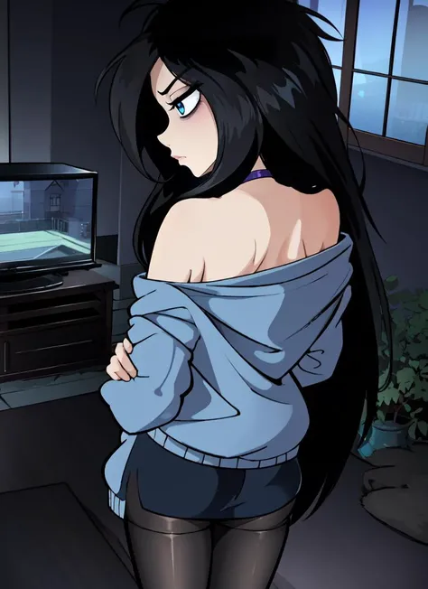 ((best quality)), ((highly detailed)), detailed face, beautiful face, , (1girl), dynamic pose, upper body, ((pantyhose)), NEET, (fair skin), <lora:bags_under_eyes:1>, ((bags under eyes)), tired, sleepy, (very long hair), (((very messy hair))), black hair, (blue eyes), medium breasts, frown, oversized hoodie, off shoulder, bare shoulders, collarbone, choker, bottomless, , barefoot, ((in a dark room)), lights off, (dim lighting), messy room, junk food, ((from behind)), (facing away), faceless female, a large television, video game console, futon, at night, <lora:LowRA:.6>, dark theme, (outdoors, in a temple, afternoon), <lora:Winx_Club:.7>