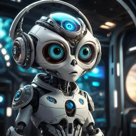 cinematic shot of little cyborg alien, big cute eyes, galaxy reflextion in the eyes, the alien got galaxy skin, standing inside a futuristic spacestation, HD, masterpiece, best quality, hyper detailed, ultra detailed,