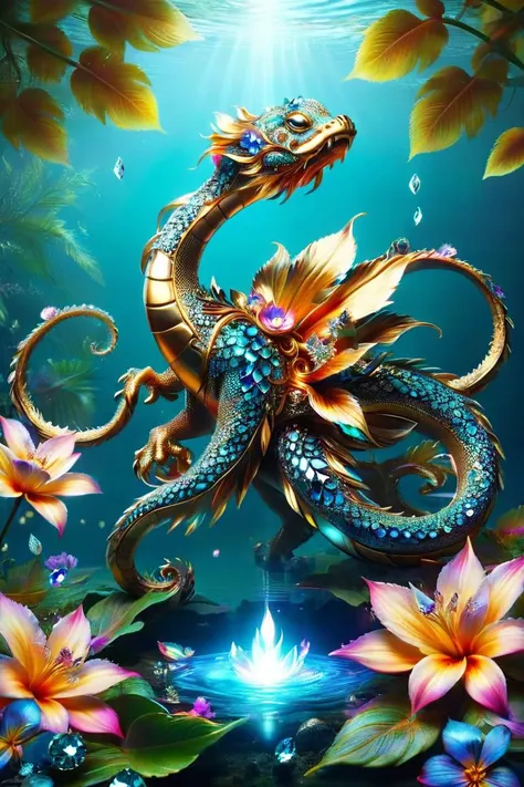 illustrious, Darling, kraken hatchling made of ral-bling, dancing on leaves and flower petals, whimsical, intricate details, colorful, magical, realism, hyperrealistic,<lora:ral-bling-sdxl:0.8> <lora:ral-glydch-sdxl:0.8> ral-glydch