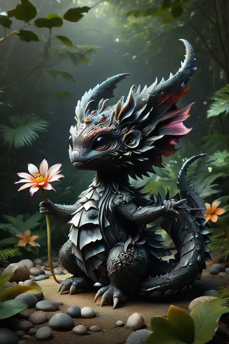 illustrious, Darling, cute kraken hatchling made of ObsidianCeramic and ais-olde, big eyes, dancing on leaves and flower petals, whimsical , intricate details, colorful, magical, realism, hyperrealistic <lora:ObsidianCeramic:0.8> <lora:Old_Style_SDXL:0.8>