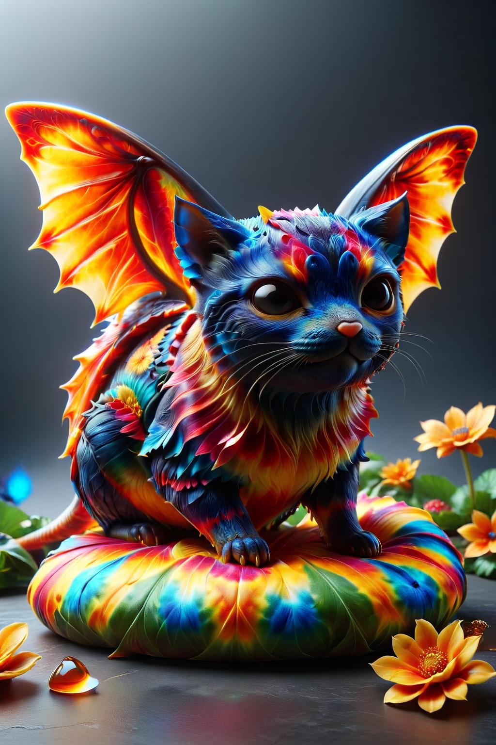 A close up of a cat statue on a pillow with flowers - SeaArt AI