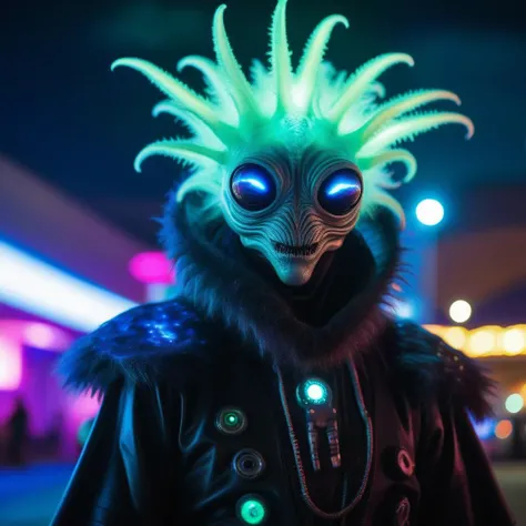 lo-fi, selfie shot of an creepy fluffy alien posing, leathery alien skin, prism pupils, scary alien tunic made of Bio-Luminescent Silk crying facial expression, lips parted expressive alien creature, science fiction, cyberpunk, futuristic, fantasy, ((bright scene)), alien landscape, soft focus, cinematic lighting, imax, dslr, photography, bokeh, tentacles,polaroid