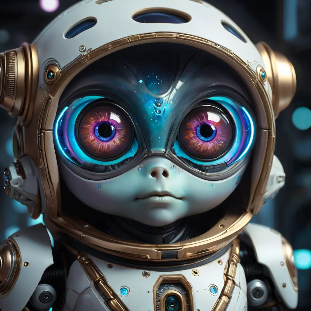 cinematic shot of little cyborg alien, big cute eyes, galaxy reflextion in the eyes, the alien got galaxy skin, standing inside a futuristic spacestation, HD, masterpiece, best quality, hyper detailed, ultra detailed,