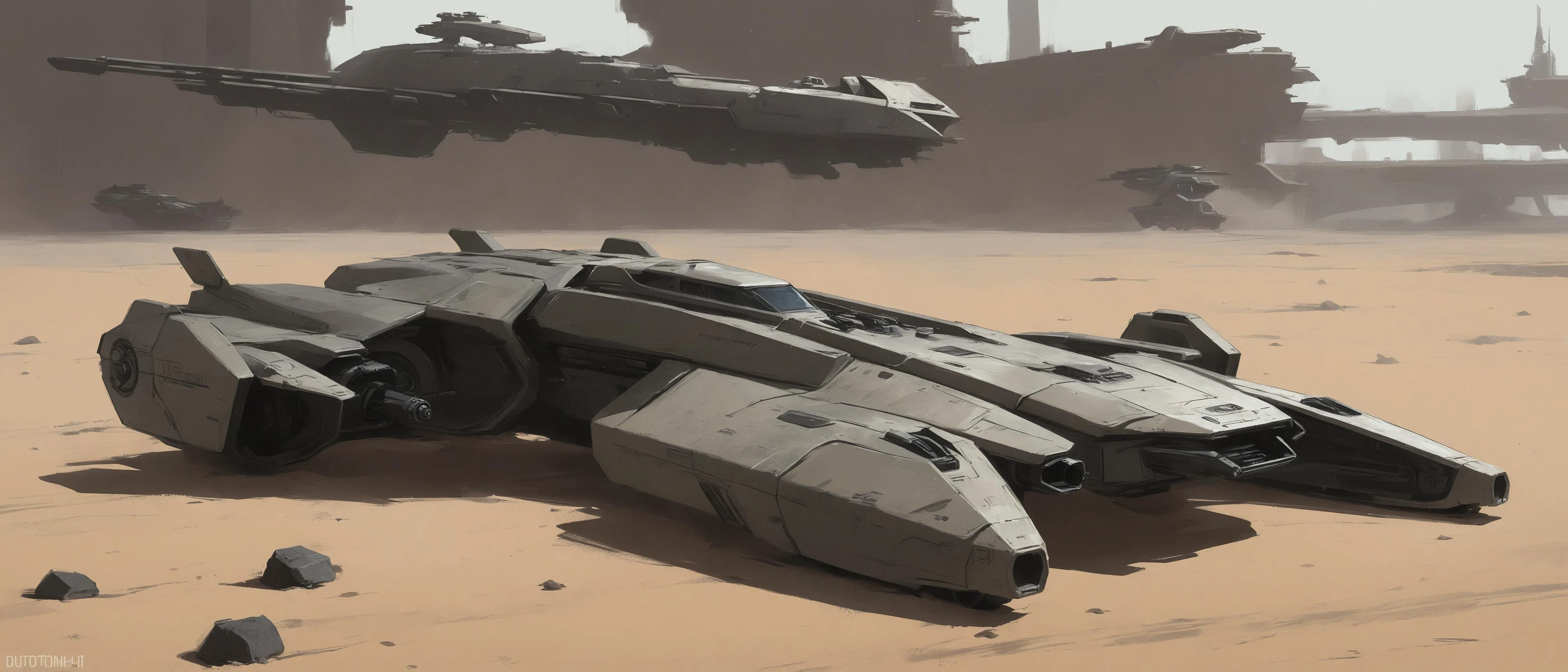 minimalist duotone oil painting, digital painting, concept art of a spaceship on the ground.
star citizen military vehicle design, cyberpunk noir, blade runner akira ghost in the shell
minimalist, elegant, rough, brush strokes
lines, shapes, geometry, simplicity
beige and black