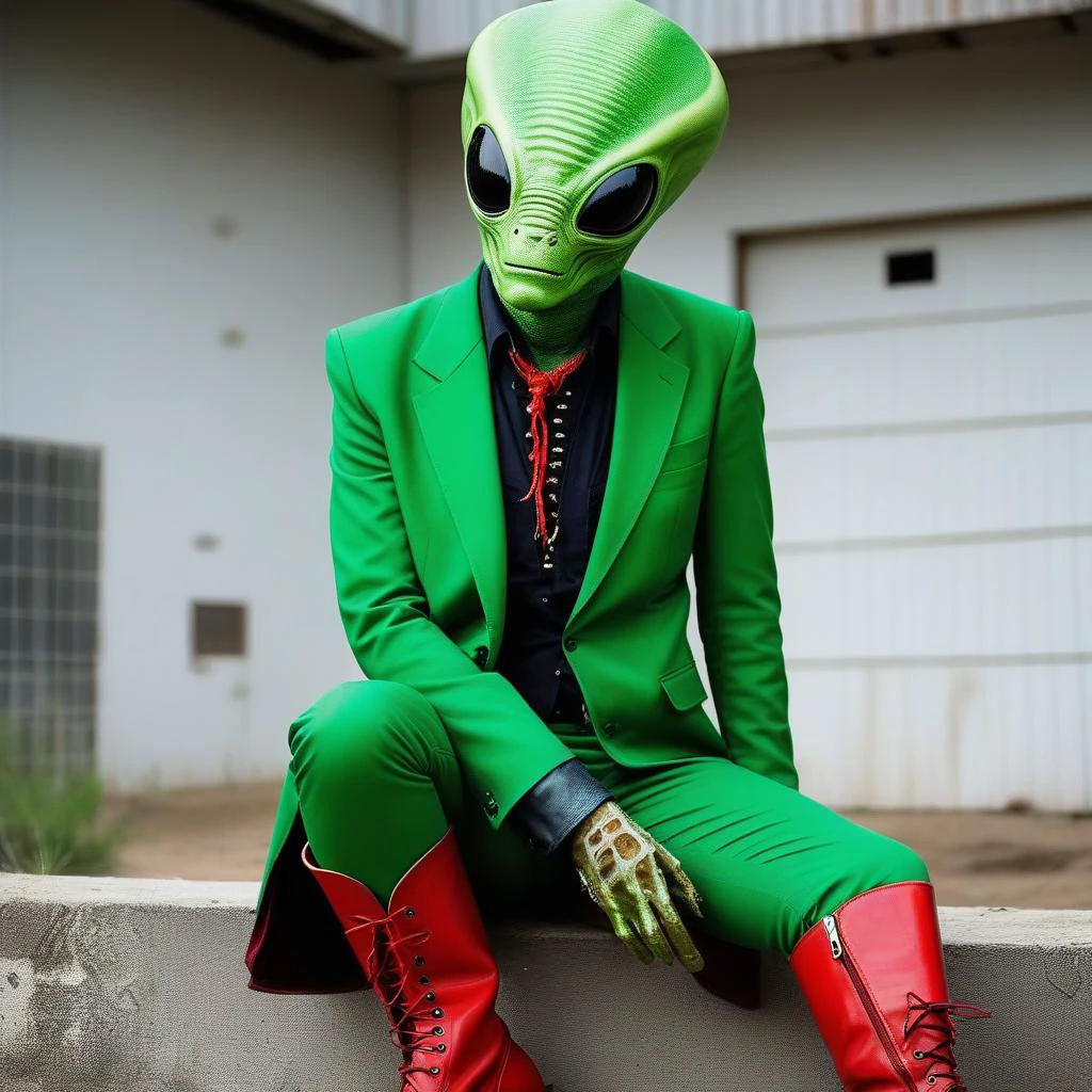 alien fashion photography, cinematic shot, cowboy alien blazer, green gooey alien skin, red boots