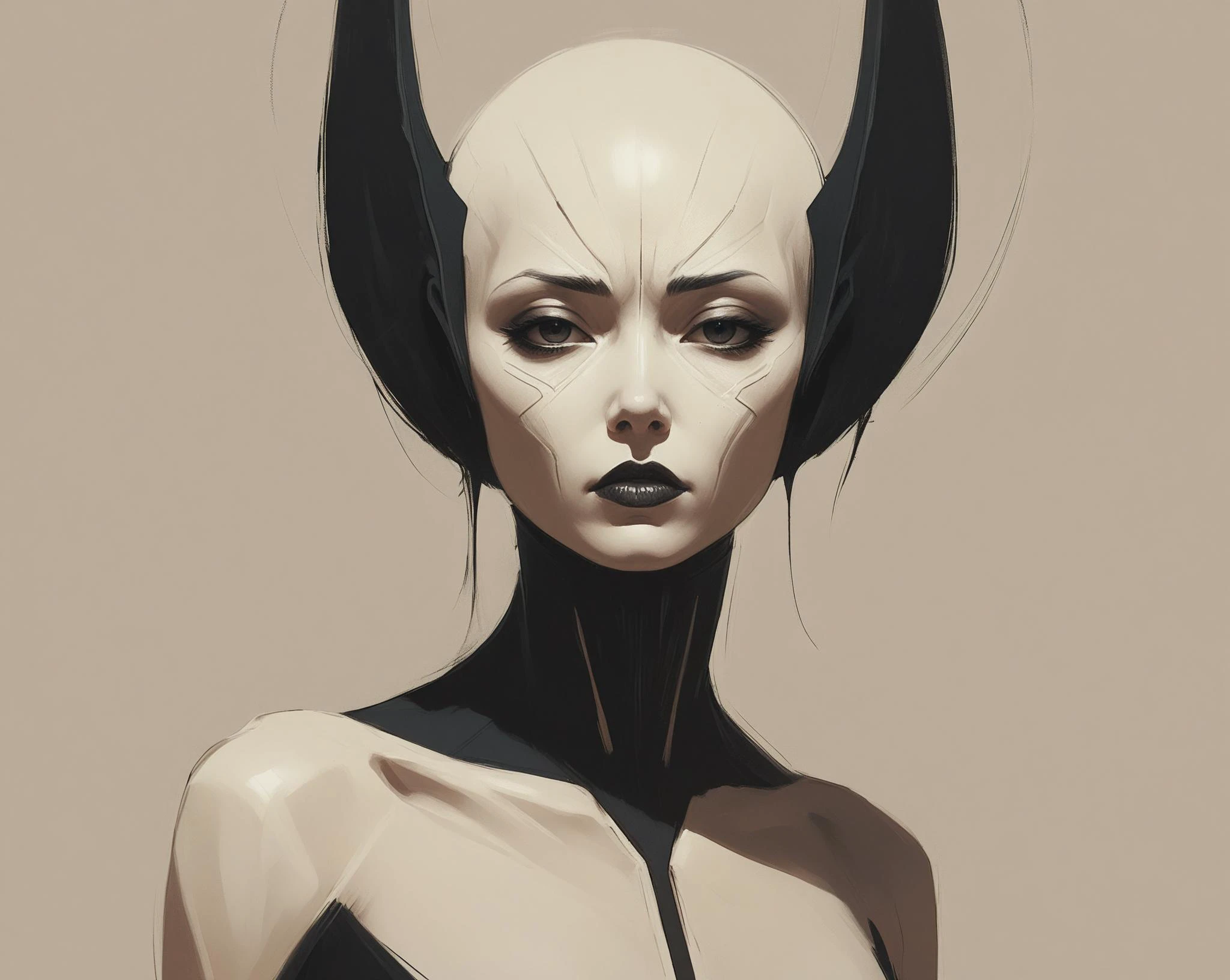 minimalist duotone oil painting, digital painting, concept art.
cyberpunk alien portrait, cyberpunk noir, blade runner akira ghost in the shell
minimalist, elegant, rough, brush strokes
lines, shapes, geometry, simplicity
beige and black