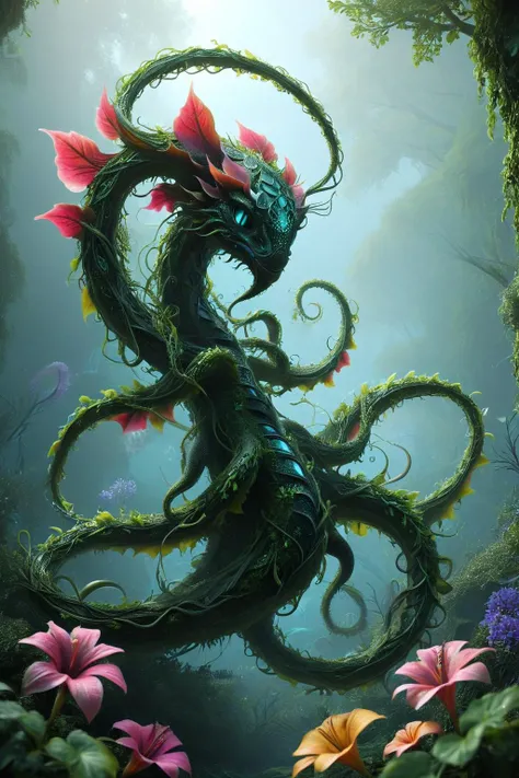 illustrious, Darling, kraken hatchling, dancing on leaves and flower petals made of g1h3r, grsw and covered in fractal vines, intricate details, colorful, magical, realism, hyperrealistic, <lora:Fractal_Vines:0.6> fractalvines, <lora:GigerRainbowXL:0.5> <lora:grsw:0.5>