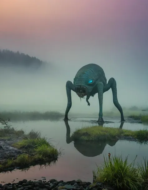 RAW photo, photograph, pond, insane details, landscape of a (bizarre alien:1.2) , Foggy, Detailed illustration, Abstract Art, Nikon Z9, 50mm, [ (designed by Peter Lippmann:0.9) , Ben Goossens:15]