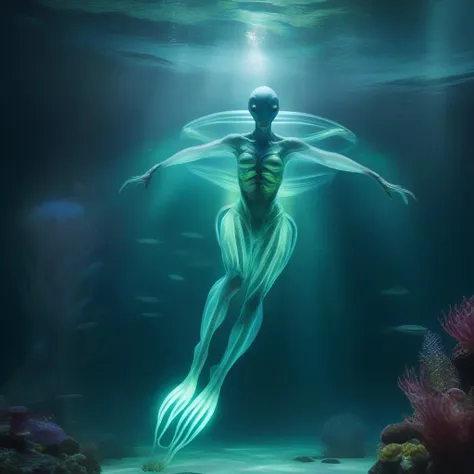 Professional photography style depiction of an alien swimmer, an ethereal creature with sleek, bioluminescent skin that glows subtly under the water. The alien features elongated, graceful limbs and gill-like structures, swimming effortlessly in a crystal-clear, otherworldly underwater environment. The surrounding water is filled with floating, luminescent flora and unusual aquatic life forms, creating an enchanting, alien underwater landscape. This scene should be captured with the clarity and precision of high-end underwater photography, highlighting the delicate interplay of light and water, and showcasing the alien swimmer's elegant movements. The composition should evoke the style of celebrated underwater photographers, with a cinematic and immersive quality, trending on ArtStation