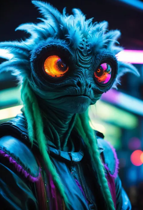 vibrant, selfie shot of an creepy fluffy alien posing, 
leathery alien skin,
prism pupils,
scary alien tunic made of Bio-Luminescent Silk
crying facial expression, lips parted
expressive alien creature, science fiction, cyberpunk, futuristic, fantasy,
((bright scene)), alien landscape, soft focus, cinematic lighting, imax, dslr, photography, bokeh
Claws, Wings