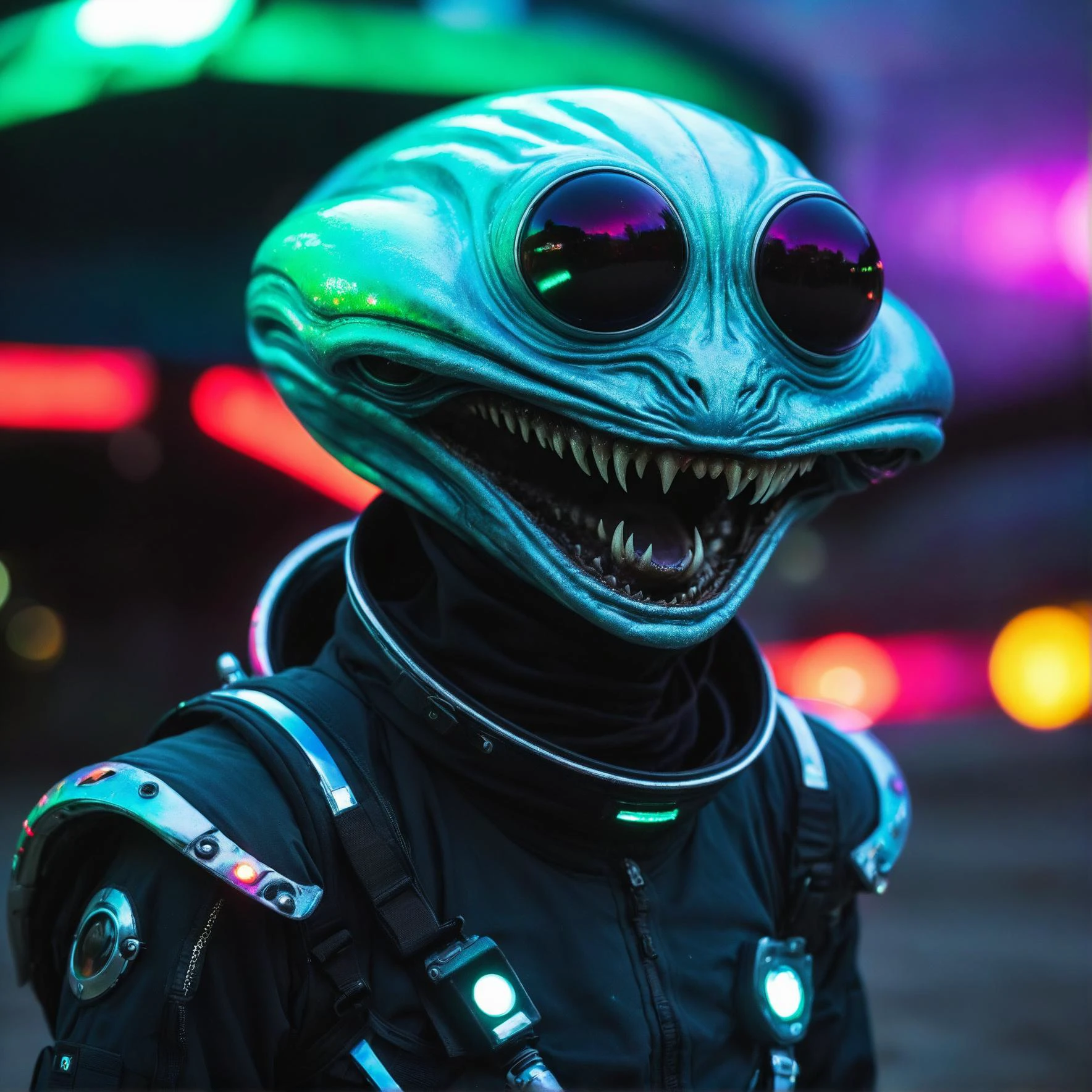 low saturation, selfie shot of an weird thin alien ,
Pincers, Tails,Replicating,
holographic alien skin,
prism pupils,
creepy alien spacesuit made of Cotton
laughing facial expression, mouth closed
expressive alien creature, science fiction, cyberpunk, futuristic, fantasy,
((dark scene)), alien landscape, soft focus, cinematic lighting, imax, dslr, photography, bokeh