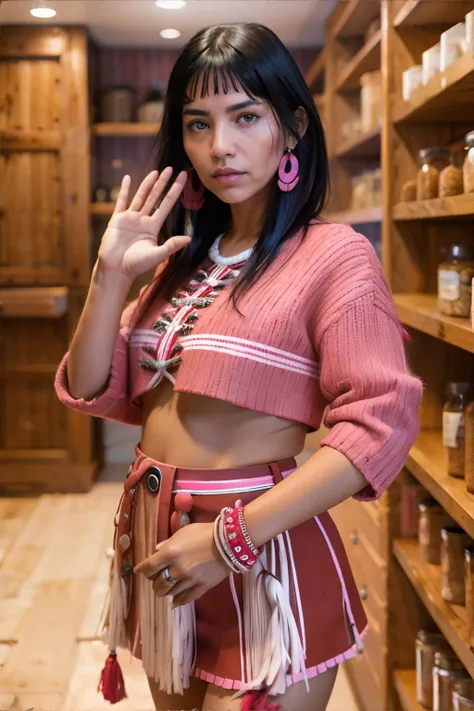 <lora:cinematiclookenhancer:1.0>, Native American woman, red Fringe Cut, wearing pink Nautical-inspired Outfit, Hand Gestures, Pantry, <clip:skip:2>, masterpiece, 8k, high resolution, shallow depth of field, sharp focus