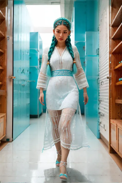 <lora:cinematiclookenhancer:1.0>, Central Asian woman, white Crochet Braids, wearing aqua Party Dress, Walking, Walk-In Pantry, <clip:skip:2>, masterpiece, 8k, high resolution, shallow depth of field, sharp focus