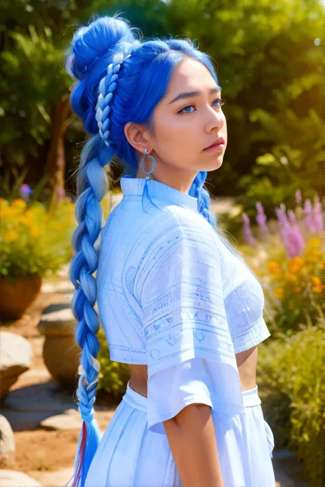 <lora:cinematiclookenhancer:1.0>, Native American woman, sky blue Bun with Twists, wearing white Boho Chic Outfit, Gazing into the Distance, Garden, <clip:skip:2>, masterpiece, 8k, high resolution, shallow depth of field, sharp focus