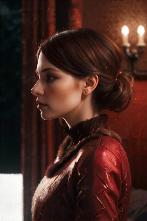 <lora:cinematiclookenhancer:1.0>, Caucasian woman, vermilion Feathered Cut, wearing brown Monochrome Outfit, Side Profile, Guest Room, <clip:skip:2>, masterpiece, 8k, high resolution, shallow depth of field, sharp focus