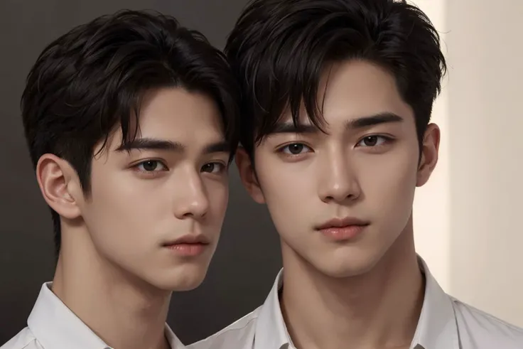 (2boys:1.4),yaoi,perfect handsome face,broad shoulders,narrow waist,
short hair,black hair,dynamic pose,
best quality,masterpiece,hyper detailed,detailed background,detailed face,film grain,