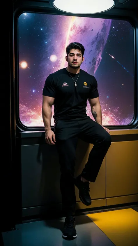 a handsome guy, full body, masculine, strong big body, full view, futurestic art, sitting in a spacecraft, neon light, eletrictical lighting, a window show earth faraway, cyberpunk style, purple lighting, cinematic, male, depth of field, galaxy, darkness milky way, <lora:bababruno_36450:1>, bababruno person, facial hair, full beard,, (masterpiece,best quality:1.5)