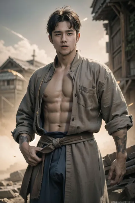 1boy,handsome,shirt tied around waist,sweat,
1man,tough guy,hanfuman,(big bulge:1.4),French crop,Meditating,glowing,aura,energy,beam,flying debris,abs,
<lora:000_AiMeishi_hanfuMan-000004:1>,
(Realistic),masterpiece,best quality,cinematic lighting,natural shadow,highest detail,professional photography,depth of field,insane details,intricate,aesthetic,detailed face,subsurface scattering,realistic hair,realistic eyes,Point-of-View Shot,dynamic pose,(8k, RAW photo, best quality, masterpiece:1.2),(realistic, photo-realistic),<lora:fairycore:0.2>,sunset,sun,outdoors,sunlight,burning,