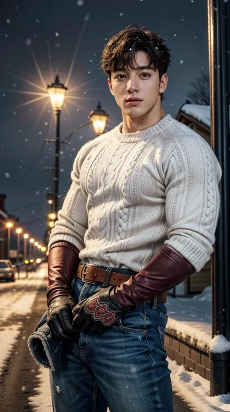Best quality, photorealistic, masterpiece, (vibrant colors, vivid, sharp focus), 1boy, (male focus), (handsome tough man, BTS Jungkook), ((short messy brown hair)), (medium cowboy shot, soft lighting), ((Wearing a fitted sweater:1.2, with maroon bohemian patterns printed, gloves:1, belt, slocks)), ((Snowing, winter, snow, snowy road, street lamps, houses)), (Dynamic pose, Dynamic Angle), (pale white skin texture), (muscular broad shoulders, muscular build, large pectorals, bodybuilder, broad wide hips), looking at viewer:1, front facing, subsurface scattering, balanced eyes <lora:addd:1> (crotch bulge:1.3)
