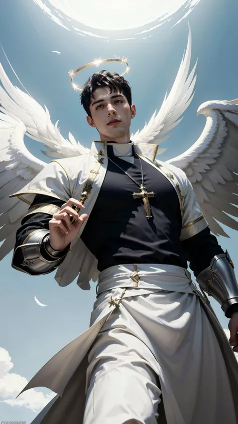 manly priest in heaven, look at the viewer, <lora:bababruno_36450:1>, bababruno person, <lora:Clothing - Battle Priest_v2:0.5>, priest outfit, dynamic stance, hold a longsword, paladin, halo, white wings, blue sky cloud background, view from below, devil look, (masterpiece, best quality:1.5), full view, lighting background, feather dust,, (masterpiece,best quality:1.5)