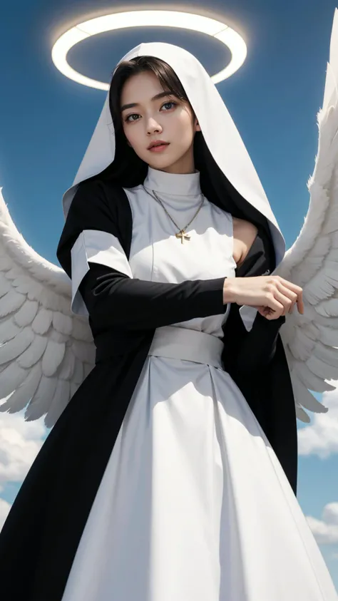 beautiful woman, 1girl, caucasian nun in heaven, look at the viewer, <lora:Clothing - Battle Priest_v2:0.1>, nun outfit, elegant pose, hold a longsword, nun, halo, white wings, blue sky cloud background, view from below, devil look, (masterpiece, best quality:1.5), full view, lighting background, feather dust, bare shoulders, looking at viewer, long hair,, (masterpiece,best quality:1.5)