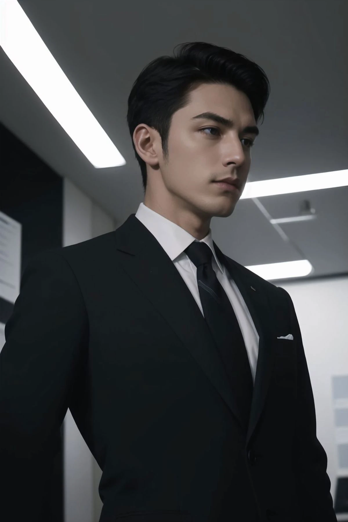 1male,business_suit,smug,in office,bust,solo_focus,from_below,facing_away,
master piece, best quality, perfectly aesthetic,epic scope,haunting,ornate, detailed background,dramatic angle,dynamic pose, cinematic lighting,