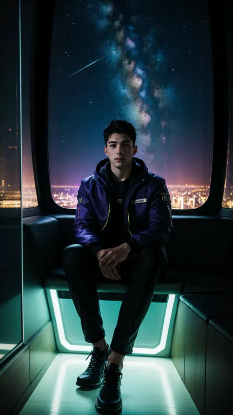 a handsome guy, full body, full view, futurestic art, sitting in a spacecraft, neon light, eletrictical lighting, a window show earth faraway, cyberpunk style, purple lighting, cinematic, male, depth of field, galaxy, darkness milky way, <lora:bababruno_36450:1>, bababruno person, facial hair, (masterpiece,best quality:1.5)