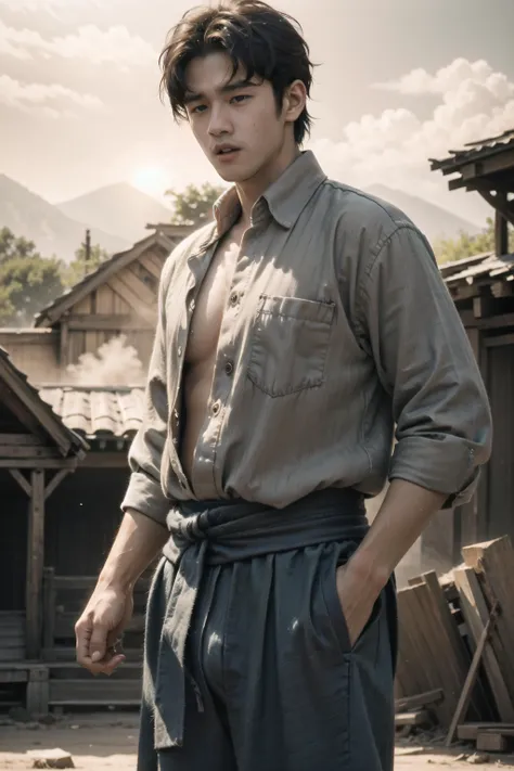 1boy,handsome,shirt tied around waist,sweat,
1man,tough guy,hanfuman,(big bulge:1.4),French crop,Meditating,glowing,aura,energy,beam,flying debris,abs,
<lora:000_AiMeishi_hanfuMan-000004:1>,
(Realistic),masterpiece,best quality,cinematic lighting,natural shadow,highest detail,professional photography,depth of field,insane details,intricate,aesthetic,detailed face,subsurface scattering,realistic hair,realistic eyes,Point-of-View Shot,dynamic pose,(8k, RAW photo, best quality, masterpiece:1.2),(realistic, photo-realistic),<lora:fairycore:0.2>,sunset,sun,outdoors,sunlight,burning,
