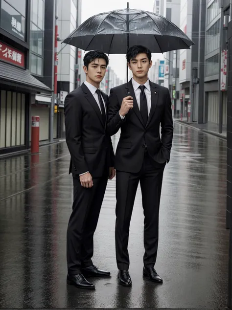 2boys, two handsome men, (one person is holding umbrella), (both are looking at viewer:1.5), (full body:1.5),
formal, suit, tie, pants, dress shoes,
(outdoors:1.5), (rain, street, day, day time:1.3), buildings, (depth of field:1.3), (soft light),
(short black hair:1.5), (beautiful eyes:1.2),
<lora:GoodHands-beta2:1>,perfect hands, five fingers,
muscular, abs, pectorals,
<lora:add_detail:0.5>
<lora:asianmale_v10:0.4>, <lora:betaboy:0.5>,