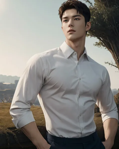 extremely detailed CG 8k wallpaper, {1boy}, {detailed face, handsome}, (toned male, muscular male:0.8), (narrow waist:1.2), (broad shoulders, large pectorals:0.8), (twink, sexy, realistic, photorealistic:1.2), {uniform, pants, outdoors}, <lora:HandsomeKoreanBoys:0.3> , <lora:asianmale_v10:0.1> , 1man, masterpiece, best quality,