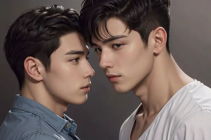 (2boys:1.4),yaoi,perfect handsome face,broad shoulders,narrow waist,
short hair,black hair,dynamic pose,
best quality,masterpiece,hyper detailed,detailed background,detailed face,film grain,