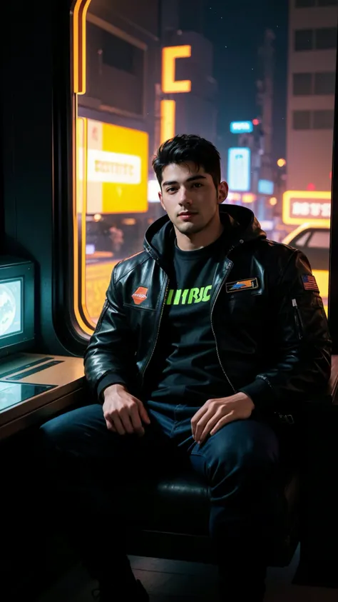 a handsome guy, full body, masculine, strong big body, full view, futurestic art, sitting in a spacecraft, neon light, eletrictical lighting, a window show earth faraway, cyberpunk style, purple lighting, cinematic, male, depth of field, galaxy, darkness milky way, <lora:bababruno_36450:1>, bababruno person, facial hair, (masterpiece,best quality:1.5)
