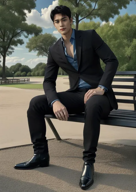 one young man, (short black hair:1.3), outdoors, day, day time, sitting on a bench, (in a park:1.3),
(wearing suit,unbuttoned blue shirt, unbuttoned shirt, jeans:1.2), cute smirk, hands on knees, (black chelsea boots),
<lora:GoodHands-beta2:1>,perfect hands, <lora:betaboy:0.5>,<lora:menhard:0.2>, <lora:asianmale_v10:0.2>,
muscular, pectorals, abs,
best quality,masterpiece,ultra highres,photorealistic,realistic
