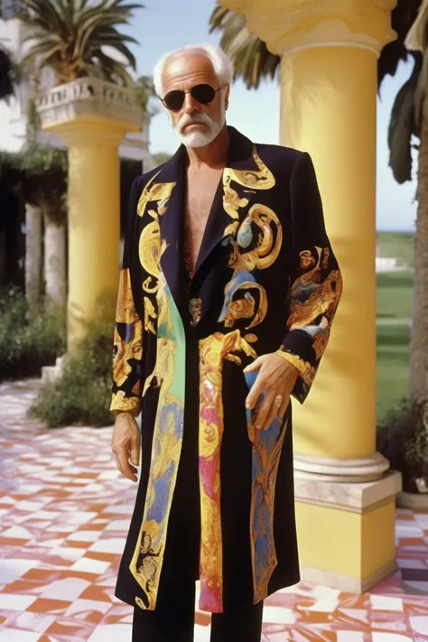 <lora:Alejandro Jodorowsky Style:1>Alejandro Jodorowsky Style - old gianni versace nowdays with versace clothes in his villa