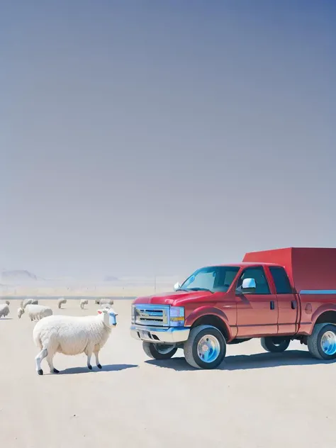 <lora:AlejandroJodorowsky:1>a man standing next to a white sheep on a desert plain with a red truck in the background by Alejandro Jodorowsky