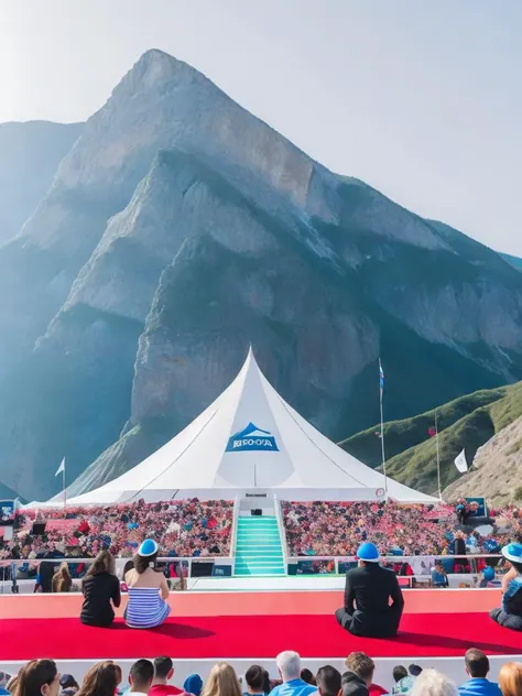 <lora:AlejandroJodorowsky:1>a group of people sitting in front of a stage with a mountain in the background by Alejandro Jodorowsky