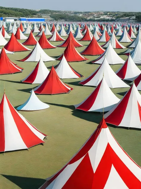 <lora:AlejandroJodorowsky:1>a group of people in costume standing in front of a group of red and white tents by Alejandro Jodorowsky