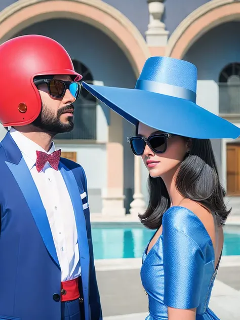 <lora:AlejandroJodorowsky:1>a man in a red helmet and sunglasses standing next to a woman in a blue dress by Alejandro Jodorowsky