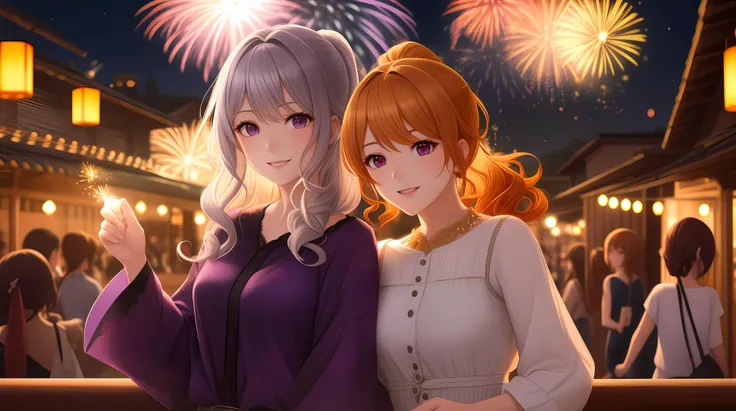 group of girls, golden details, gems, fluffy hair, silver hair straight high ponytail+long hair, curly blonde hair, {ginger hair}, purple hair low ponytail curly, clear details, night time, fireworks, casual clothes, raytracing, foreground focus, blurred background, intricate details, floating lanterns, front facing, blooming light